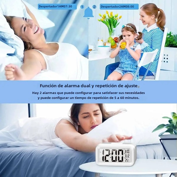 LED Digital Väckarklocka Bakgrundsbelysning Snooze Datum Tid Kalender Skrivbord Multifunktionell Elektronisk Bakgrundsbelyst Bordsklocka 1pc White