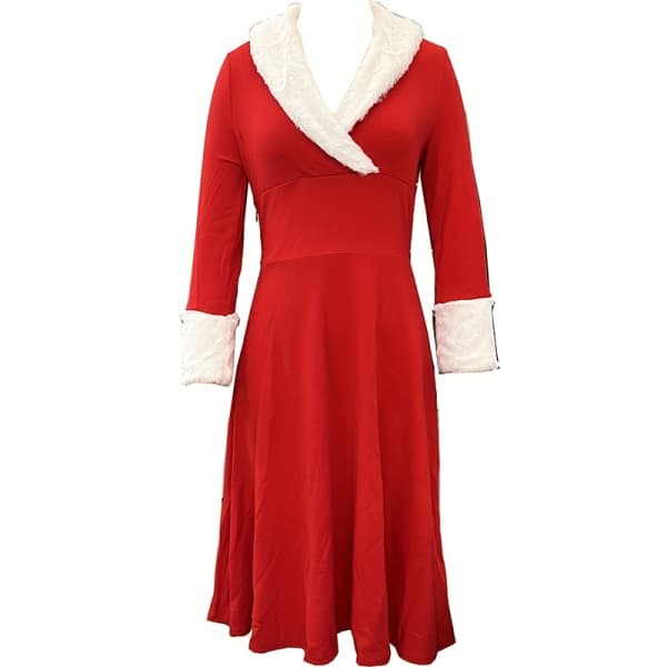 Fuzzy Solid Vintage V-ringad Jul Party Midi Klänning, Damkläder XXL