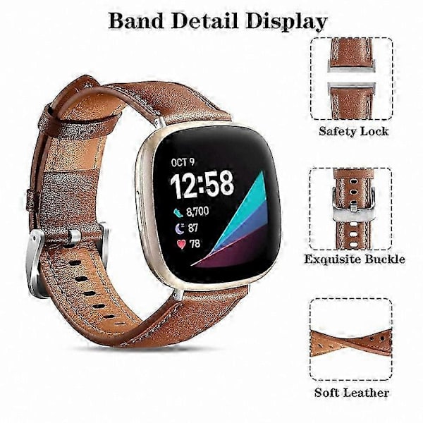 Ægte læderurrem til Fitbit Versa 3 og Sense-remme Brown