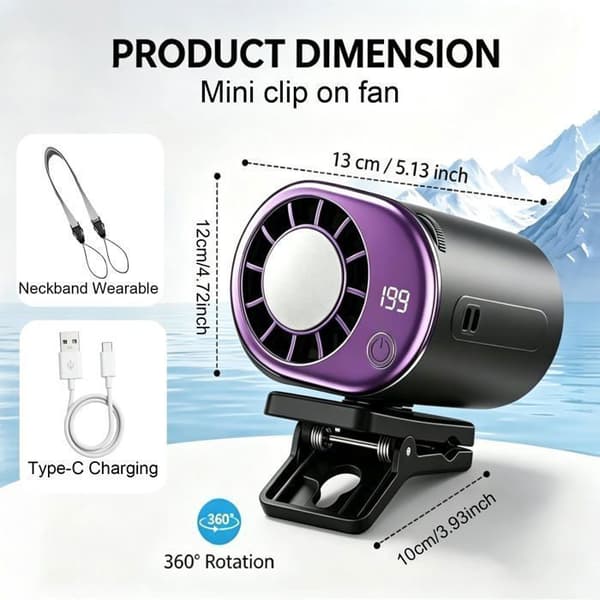 Clip-on blæser - GRANDSALEY - LED - Halvlederkøling 16°C - 199 hastigheder - 2000mAh
