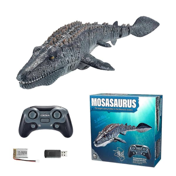 Fjärrstyrd Dinosauriebåt Simulation, Sprutande Vatten Mosasaurus RC Speedbåt för Pool Badrum Damm Grey