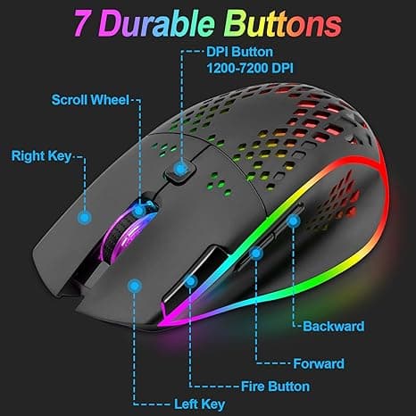 Rechargeable Wireless Gaming Mouse with Double Click Button and Colorful LED Light, 3 Adjustable DPI Levels (Black)
