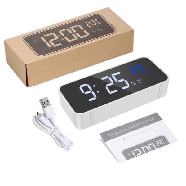 ORIA Digital Väckarklocka, Mini Digital Klocka, LED Alarm, Termometerfunktion, Snooze, 2 Alarm, 12/24H, USB-driven (Vit)