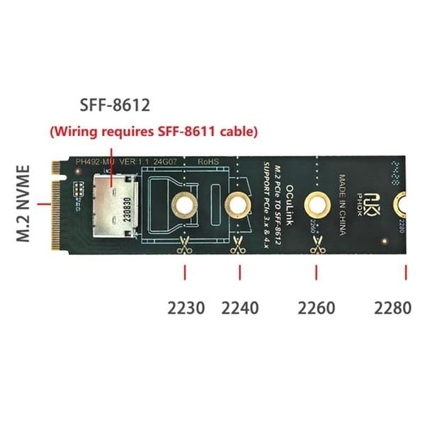 M.2 NVMe PCIe–Oculink-naarasliitäntäsovitin SFF-8612 M.2 Mkey NVMe–Oculink-sovitin SFF-8611-sovitin SFF-8612