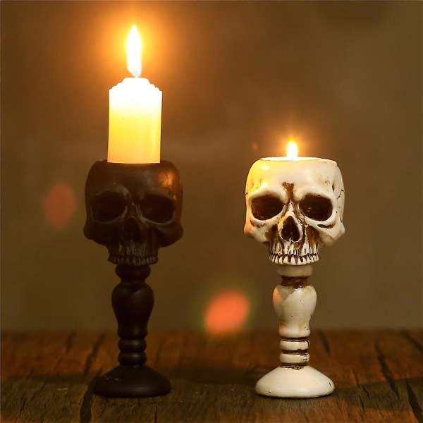 2st Skull Ljusstake, Gotisk Bordsskiva Kranium Skeleton Head Ljusstake Retro Spooky Desktop värmeljuskopp Hemsk Hemmakontor Bar Party Halloween