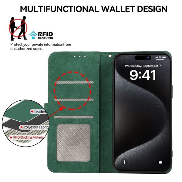 ABEEL iPhone 16 Pro Pungcover RFID-beskyttelse Kunstlæder Flip Grøn
