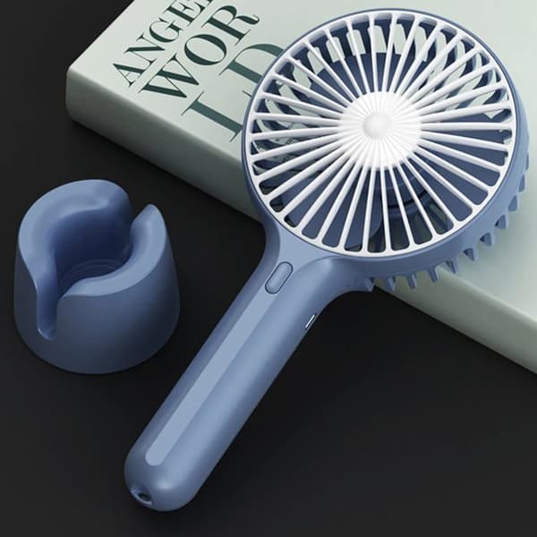 1 Bærbar ventilator, dobbelthoved, USB genopladelig, justerbare hastigheder, til udendørs og kontorbrug.