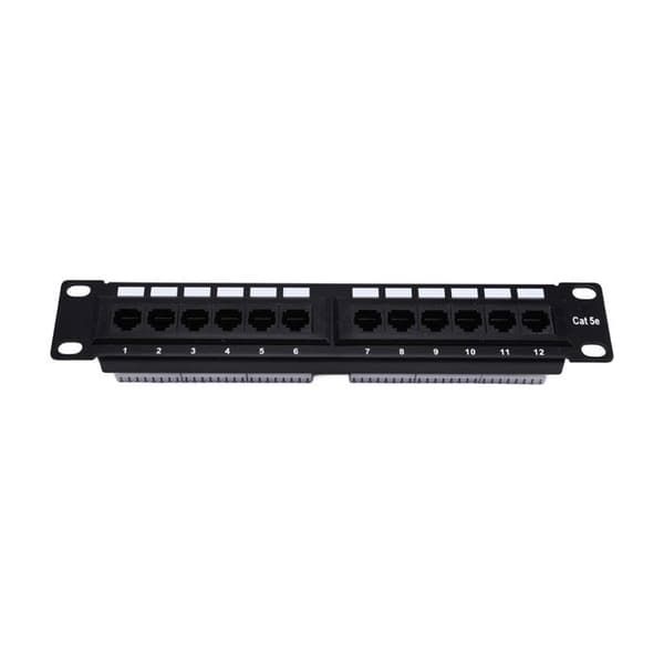 12-portars CAT5e 10G patchpanel, 1U formfaktor, UTP, vägg- eller rackmontering, anslutningsblock för CAT5e-kablar