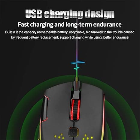 Rechargeable Wireless Gaming Mouse with Double Click Button and Colorful LED Light, 3 Adjustable DPI Levels (Black)