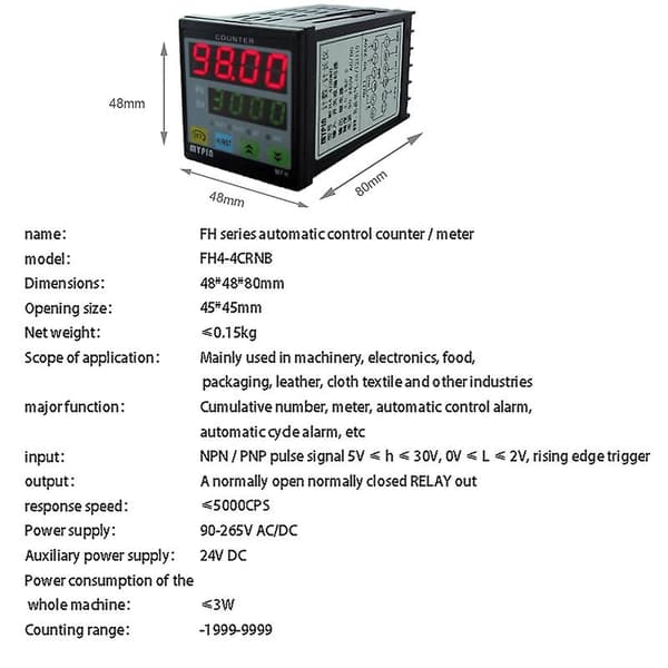 4 Digital Teller Lengdemåler Multi-Funksjonell Intelligent 90-260V AC/DC Forhåndsinnstilt Re Black