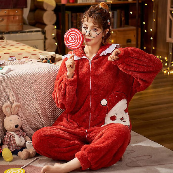 Pyjamas Kvinnlig Höst Och Vinter Coral Fleece Söt Student i ett stycke Förtjockad flanell Hemservicedräkt (röd,l)