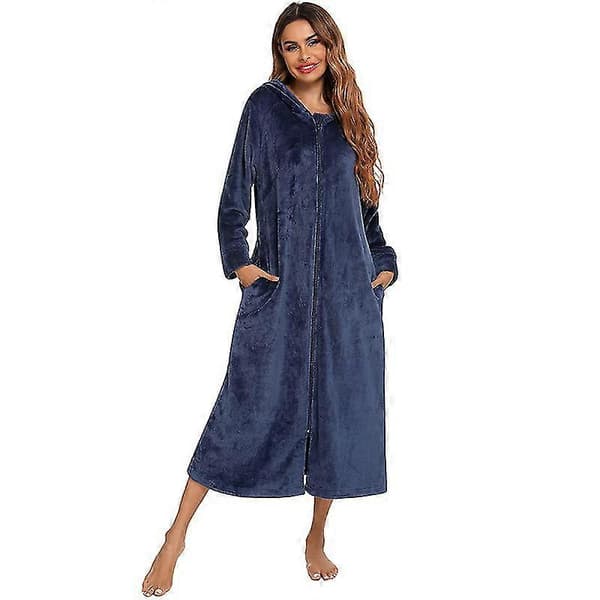 Flannel morgenkåbe med lynlås til damer, fuld længde Blue S