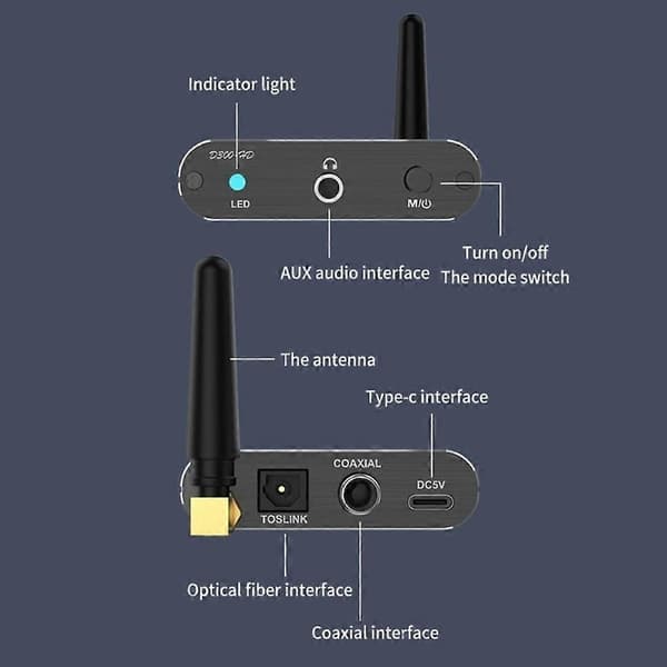 Bluetooth 5.2 Lydmottaker 3.5MM AUX Koaksial Fiber APTX HD Bluetooth Adapter D300 Not Specified