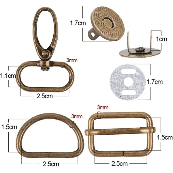 40 st metall Tri-glide spänne + D-formade ringar + vridbara krokar + magnetiska sömnadsknappar gör-det-självtillbehör för bälte Ryggsäck Craft-väskor