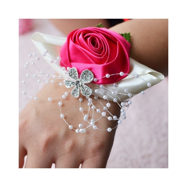 Handgjord brudblomma rosa och magenta handled knapphål bukett corsage diamant satin blommor
