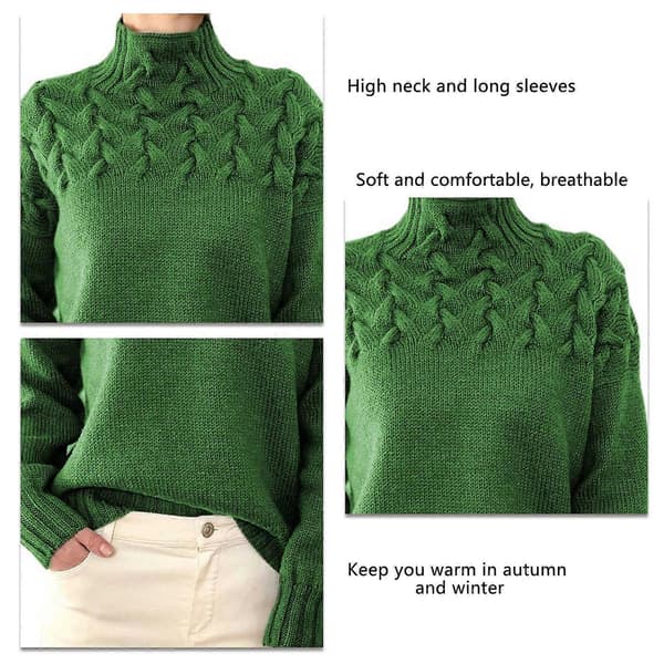 Dame Højhalset Sweater Lange Ærmer Ren Farve Kabelstrikket Pullover Top til Efterår Vinter L