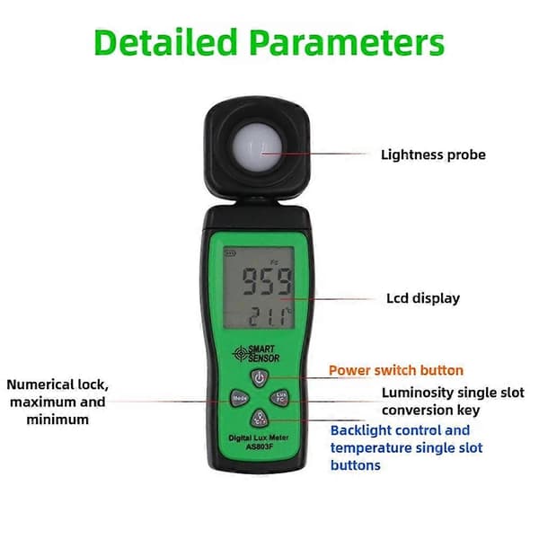 SMART SENSOR 0-200000LUX Illuminator Højpræcisions Lysmåler Mini Digital Håndholdt Luminansmåler