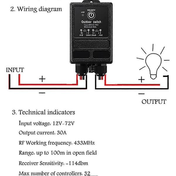 Wireless Relay Switch 12V Remote Control Switch DC12V/24V/48V/72V 30A Relay with 328FT Long Range for Anti-Theft Alarm Schwarz