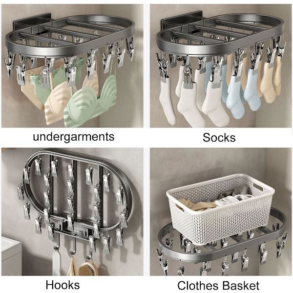 Wall Mounted Sock Dryer, Foldable Laundry Rack with 24 Clips C
