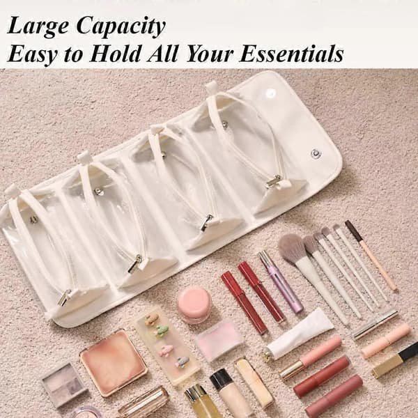 Leather 4-in-1 Roll-Up Large Capacity Compact Waterproof Foldable Cosmetic Bag grey