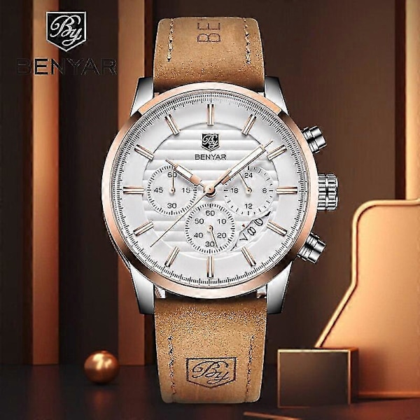 Benyar Design 2022 Nye Top Mode Sports Quartz Herreure Multifunktionelt Vandtæt Premium Læder Kalenderur Relogio BlackGold