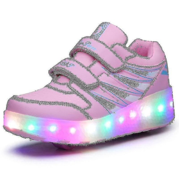 Nya Led Light Up Roller Shoes Double Wheel USB Uppladdningsbara skridskoskor Pink 34