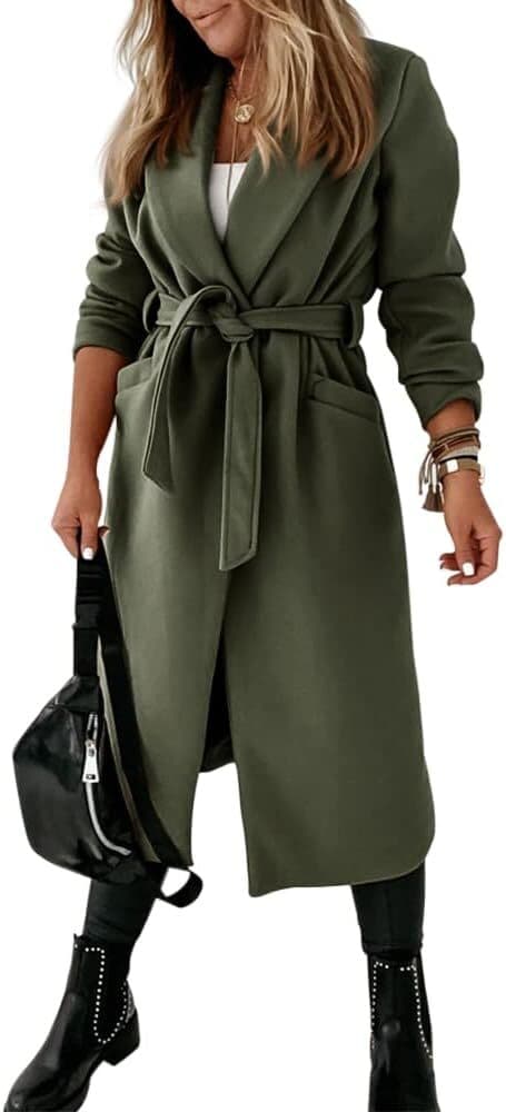 Women's Collar Open Front Belted Long Jacket green green L