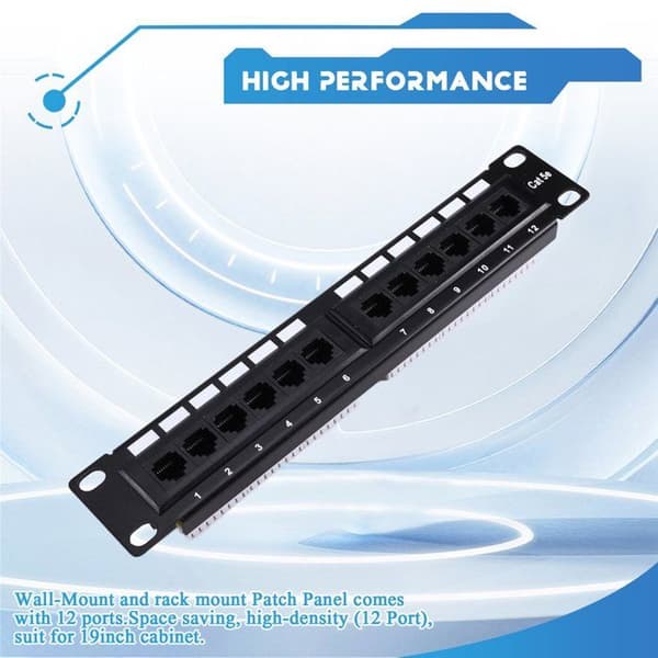 12-portars CAT5e 10G patchpanel, 1U formfaktor, UTP, vägg- eller rackmontering, anslutningsblock för CAT5e-kablar