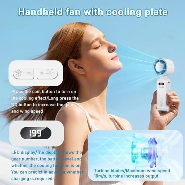 Håndholdt ventilator - MOURSIIENY - 2025 - 5000 mAh - LED-display - Køler på 3 sekunder