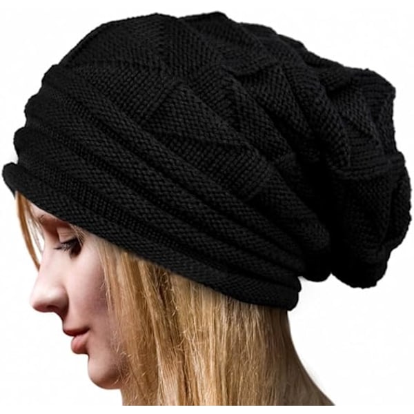 Ullhatt, dame vinter varm ensfarget heklet plissert tykk myk brettet hatt ull strikket slouchy luer Black