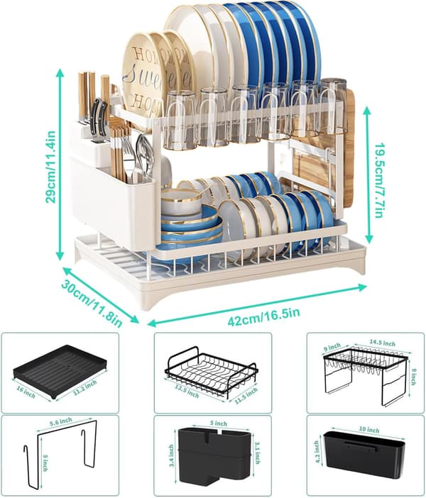 Dish Drying Rack for Kitchen Counter, Double Layer, with Drainboard and Cutlery Holder, Large Capacity Storage Rack (White) White