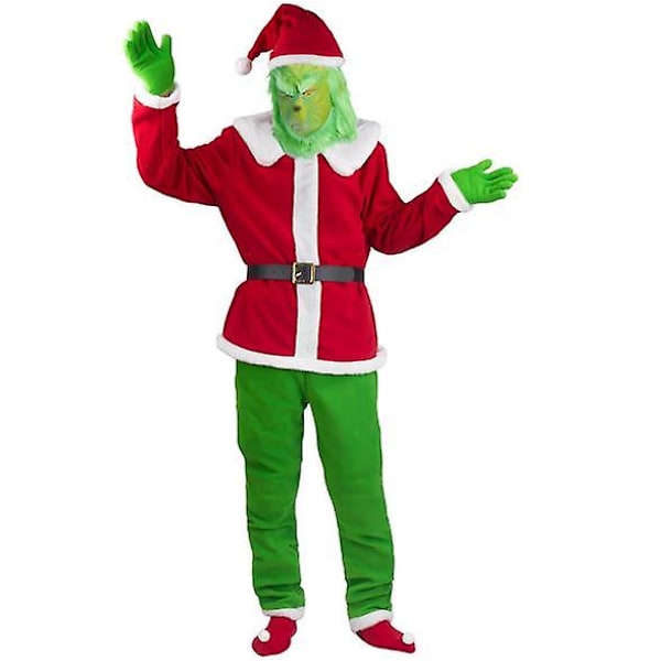 Jultomten Geek Tjuv Grön Päls Monster Grinch Kostym 7 st Vuxen Jul Fest Cosplay Dräkt S