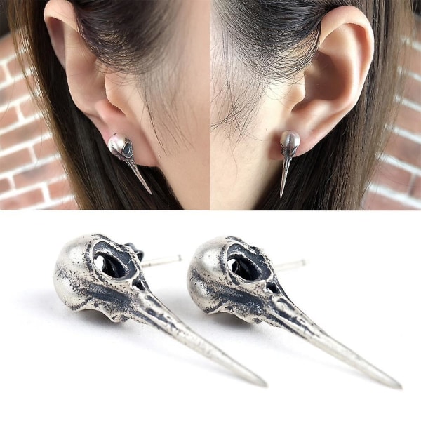 Ett par Halloween 925 Sterling Silver Retro Hummingbird Skull Studs Punk örhängen, gotiska örhängen Hypoallergena stolpörhängen Hummingbird Skull Jewel