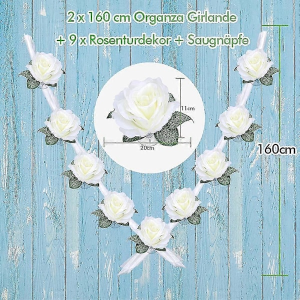 Hääauton koristelu, auton koristelu, organza-koristelu, hääpari, ruusukoristelu, auton hääseppele, auton hääkoristelu, hääkoriste