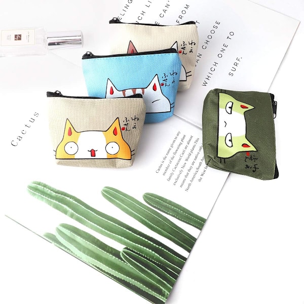 4-pack Canvas Myntplånbok med Dragkedja Mini Plånbok Myntväska Söt Djur Växelväska Liten Plånbok för Kvinnor Flickor Barn Utsökt Present
