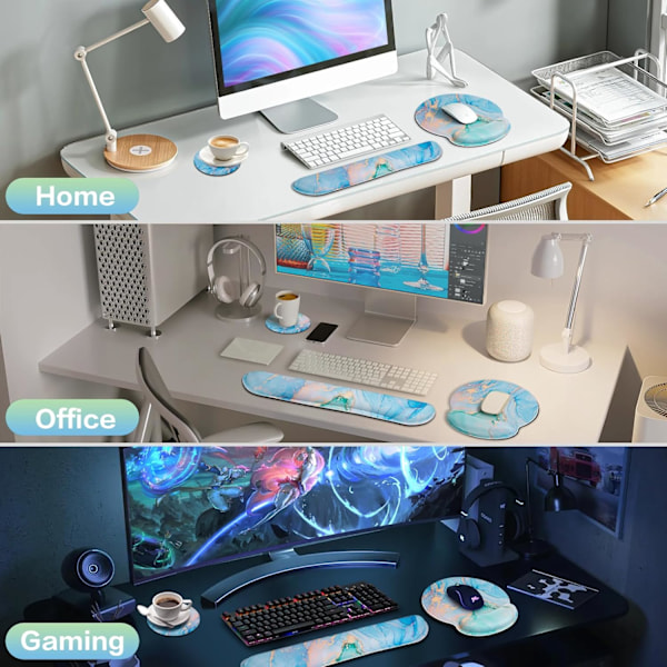 3-i-1 Handledsstöds Musmatta Set - Gaming Musmatta med Halkfri Bas och Ergonomisk Design - Minnesskum Tangentbord Gel Handledsstöd Jade Blue Marble