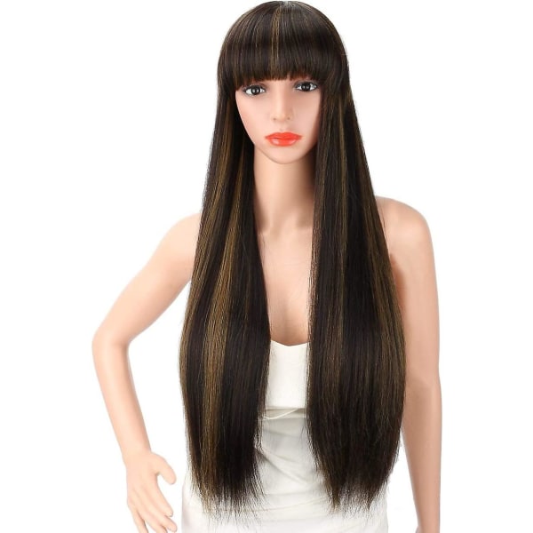26 tums silkeslen långa raka svarta peruker för kvinnor, högresistent syntetisk peruk