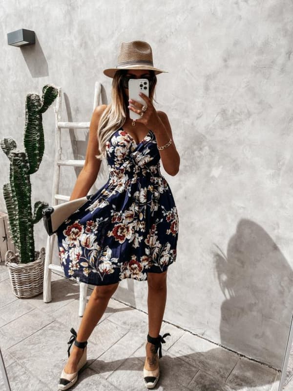 Mode Print Talje Wrap Slim Kjole (Sort Blomst L)