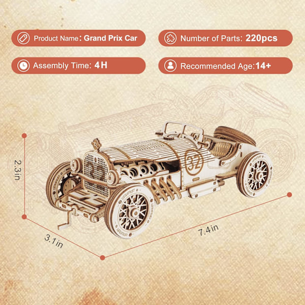 Rakennettavat automallit, 3D-puupalapelit aikuisille ja teini-ikäisille, DIY mekaaniset automallien rakennussarjat, paras lahja lapsille - Grand Prix -auto