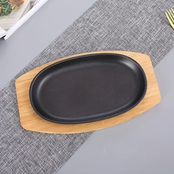 Støpejernsplate, oval støpejernspanne for biff, grillmat, grillet fisk