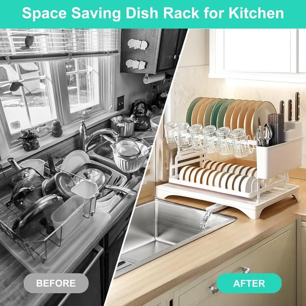 Dish Drying Rack for Kitchen Counter, Double Layer, with Drainboard and Cutlery Holder, Large Capacity Storage Rack (White) White