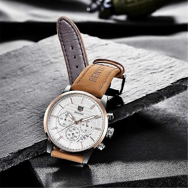 Benyar Design 2022 Nya Toppmode Sport Quartz Klockor Herr Multifunktionell Vattentät Premium Läder Kalenderklocka Relogio BlackGold