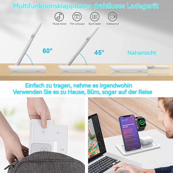 MAXFOX 3-i-1 trådlös laddare, 18W hopfällbar laddningsstation kompatibel med iPhone 14 13 12 11/Plus/Pro/Pro Max/XR/XS/X/8+, iWatch Ultra 8 7 6 SE 5