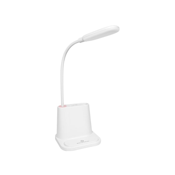 LED-bordslampa med telefonladdare och pennhållare, varmt vitt ljus, tvåläges natt, stöd för USB utgång (vit)