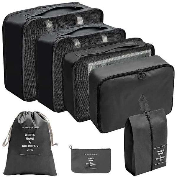 7/8/9/10 Delars Set Reseorganisatör Förvaringsväskor Resväska Packningskuber Set Fodral Bärbar Bagage Kläder Sko Ordning Påse Vikbar 7 pcs black