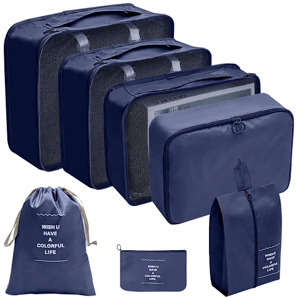 7/8/9/10 Delars Set Reseorganisatör Förvaringsväskor Resväska Packningskuber Set Fodral Bärbar Bagage Kläder Sko Ordning Påse Vikbar 7 pcs navy blue