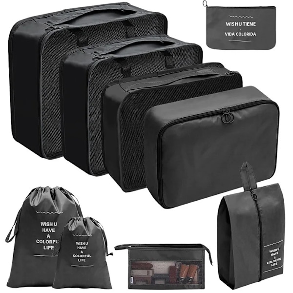 7/8/9/10 Delars Set Reseorganisatör Förvaringsväskor Resväska Packningskuber Set Fodral Bärbar Bagage Kläder Sko Ordning Påse Vikbar 9 pcs black