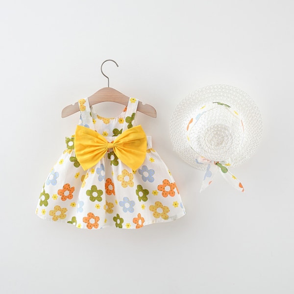 Sommarfödd Baby Kläder Småbarn Flick Kläder Bomull Strand Hängselklänning+Solhatt Prinsessklänningar 2 st Orange 6-9M