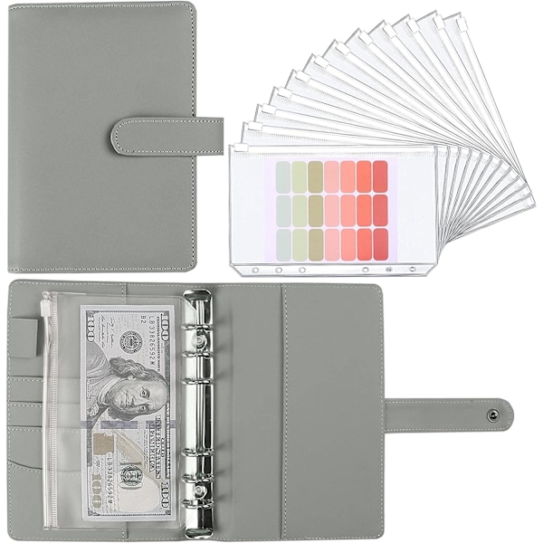 A6 Budget Planner med 12 Kontantkuvert, Färgglad PU Läder Notebook Pärm med 12 st A6 Pärmfickor grey A5
