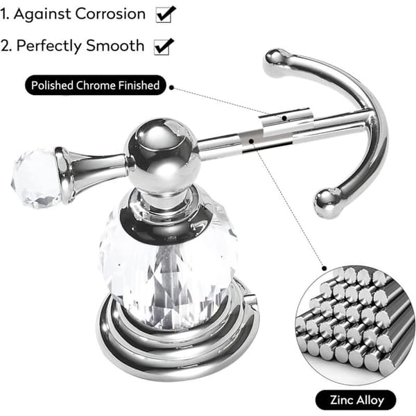 Crystal Chrome Towel Hook, Robe Hook, Double Silver Bathroom Hooks for Clothes, Wall Mounted in Modern Style